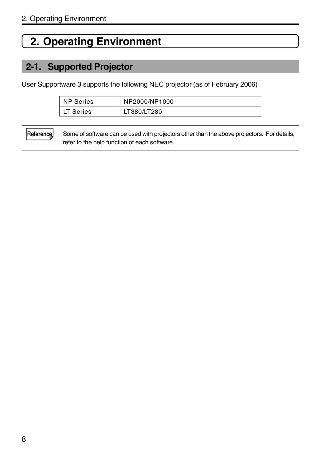 NEC NP1000, NP2000 setup guide Operating Environment, Supported Projector 