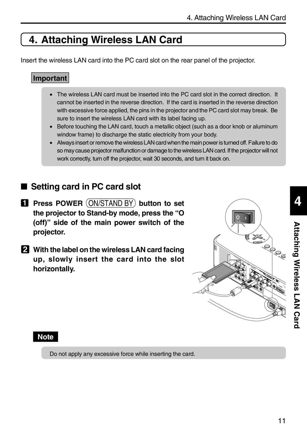 NEC NP2000, NP1000 setup guide Attaching Wireless LAN Card, Setting card in PC card slot 