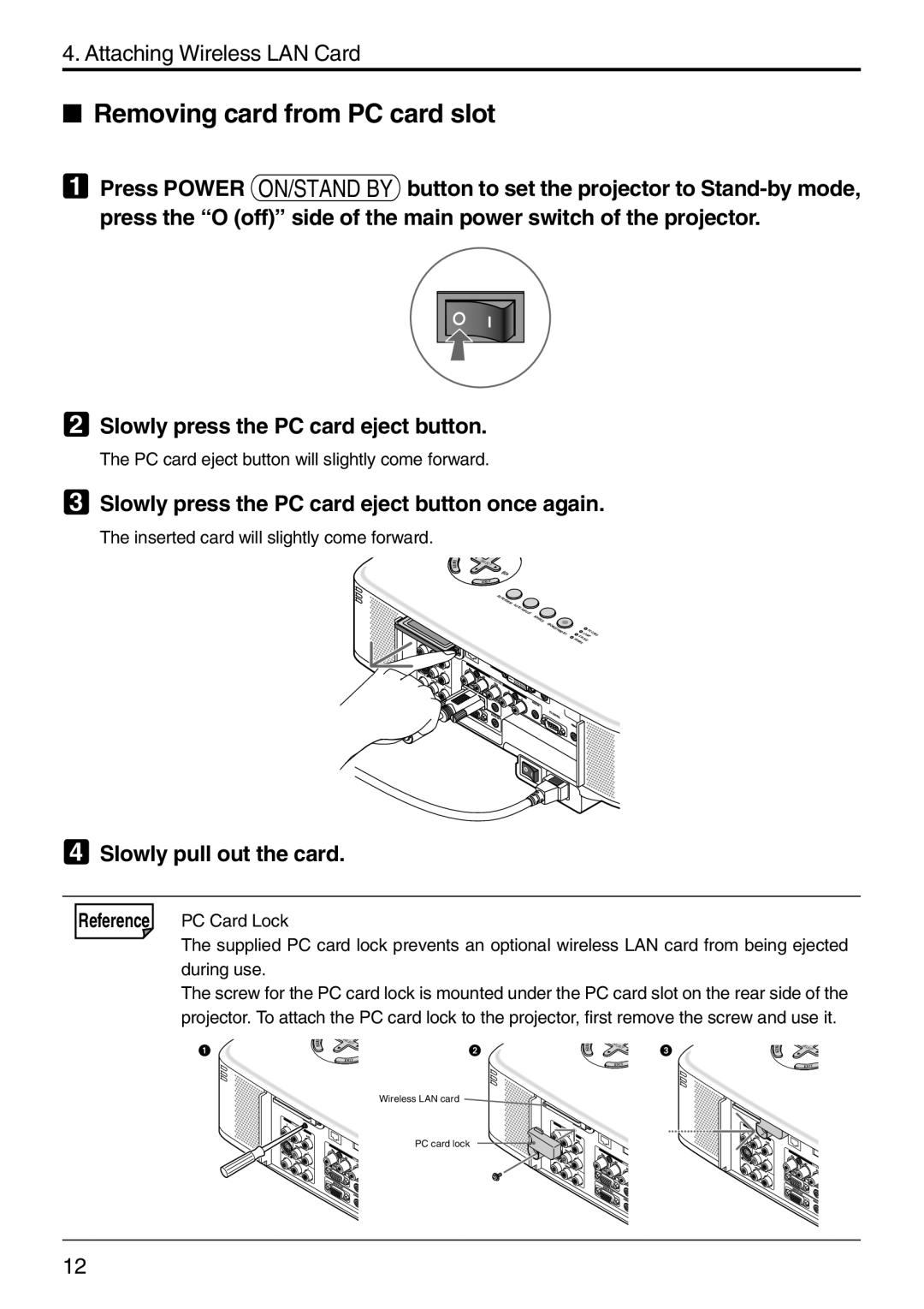 NEC NP1000 Removing card from PC card slot, Slowly press the PC card eject button once again, Slowly pull out the card 