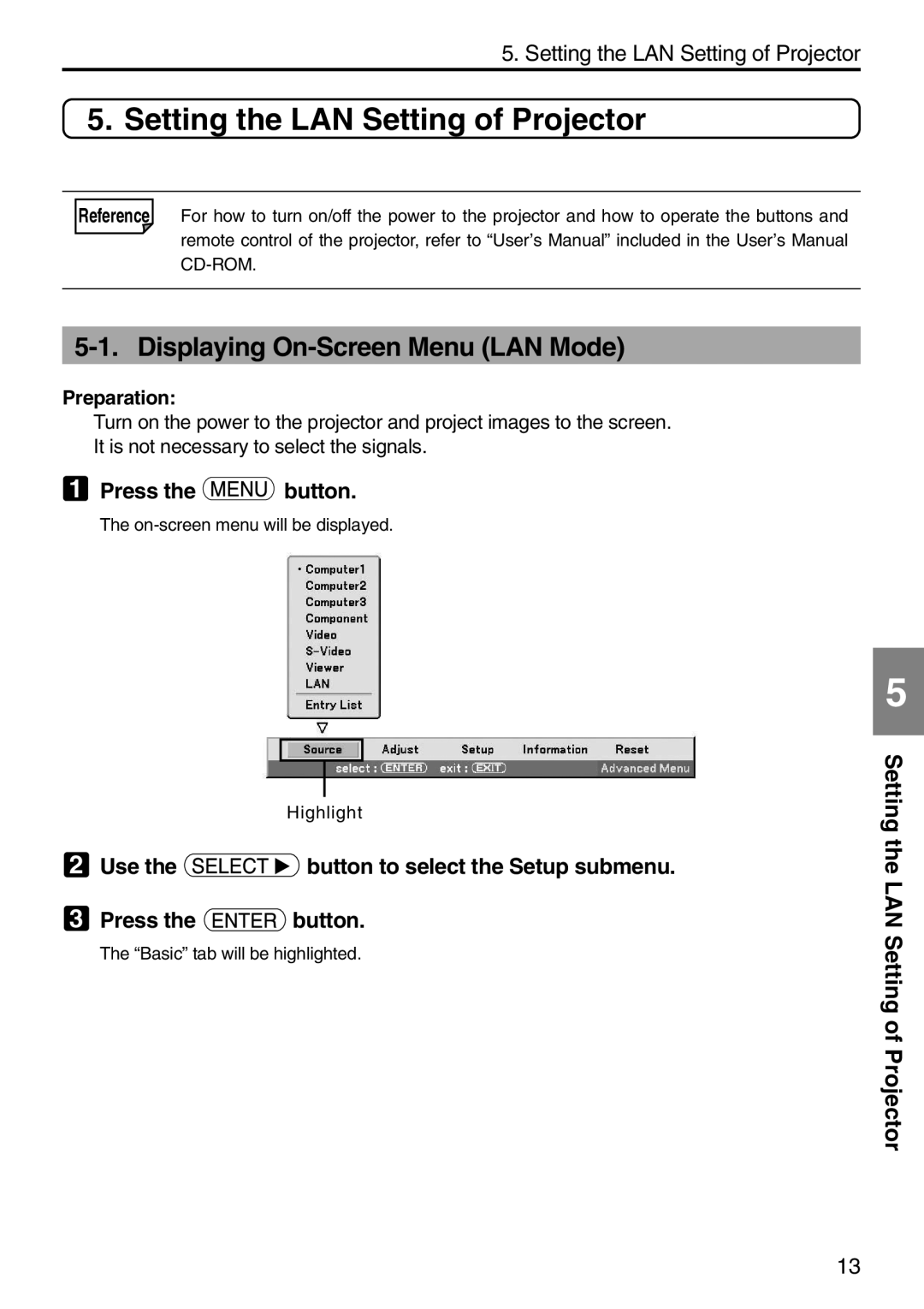 NEC NP2000, NP1000 setup guide Setting the LAN Setting of Projector, Displaying On-Screen Menu LAN Mode, Press the button 