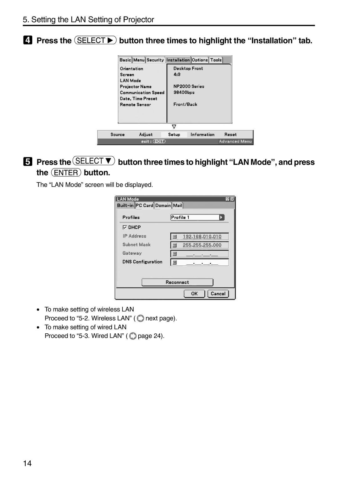 NEC NP1000, NP2000 setup guide Setting the LAN Setting of Projector 