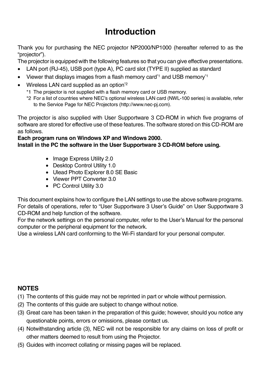 NEC NP1000, NP2000 setup guide Introduction 