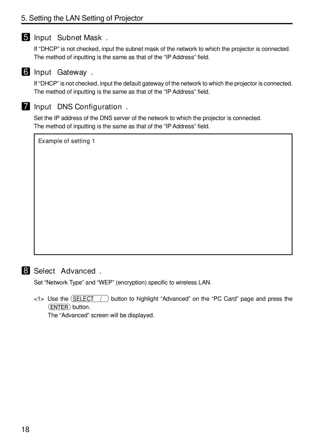 NEC NP1000, NP2000 setup guide Input Subnet Mask, Input Gateway, Input DNS Configuration, Select Advanced 