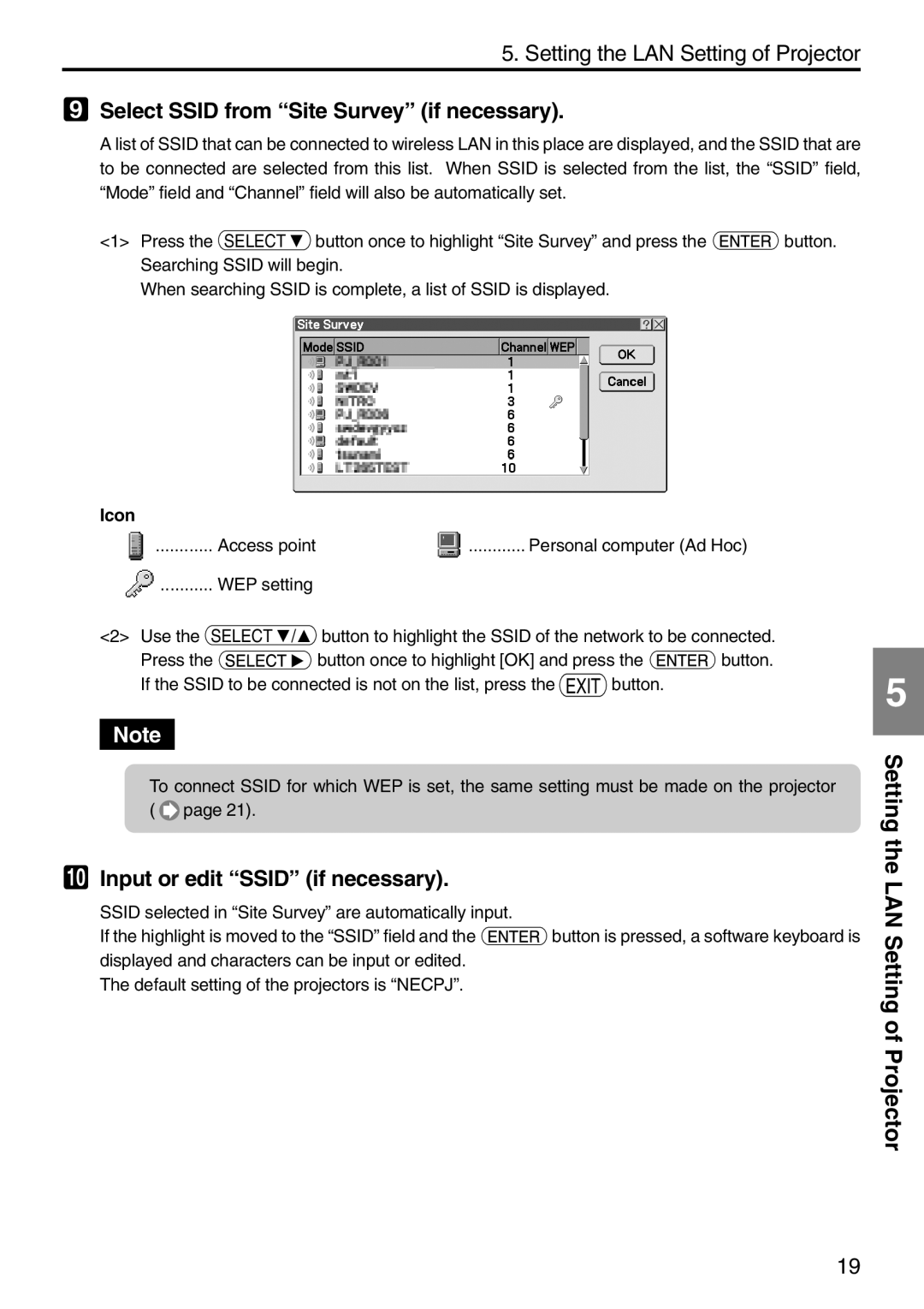 NEC NP2000, NP1000 setup guide Select Ssid from Site Survey if necessary, Input or edit Ssid if necessary 