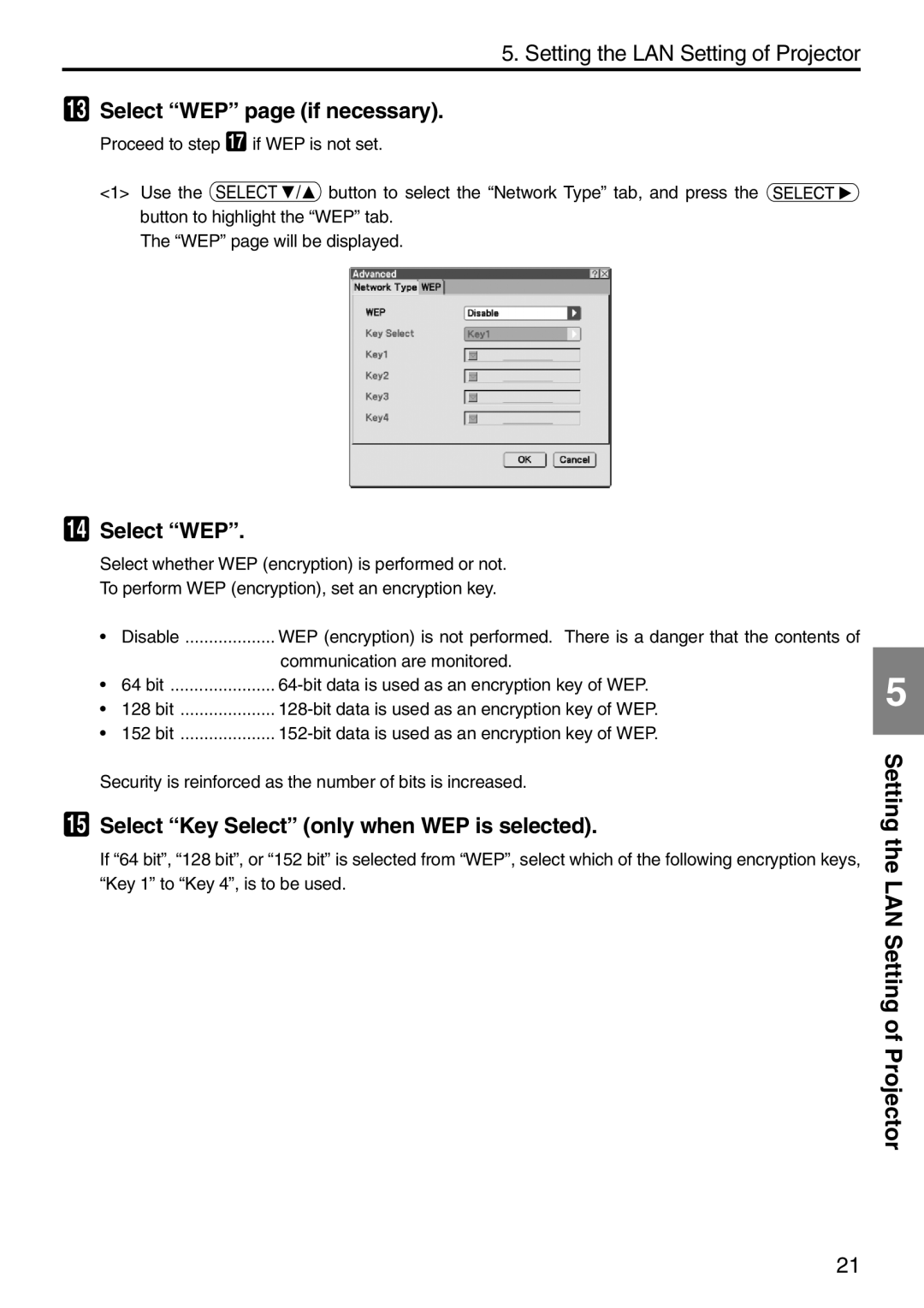 NEC NP2000, NP1000 setup guide Select WEP page if necessary, Select Key Select only when WEP is selected 