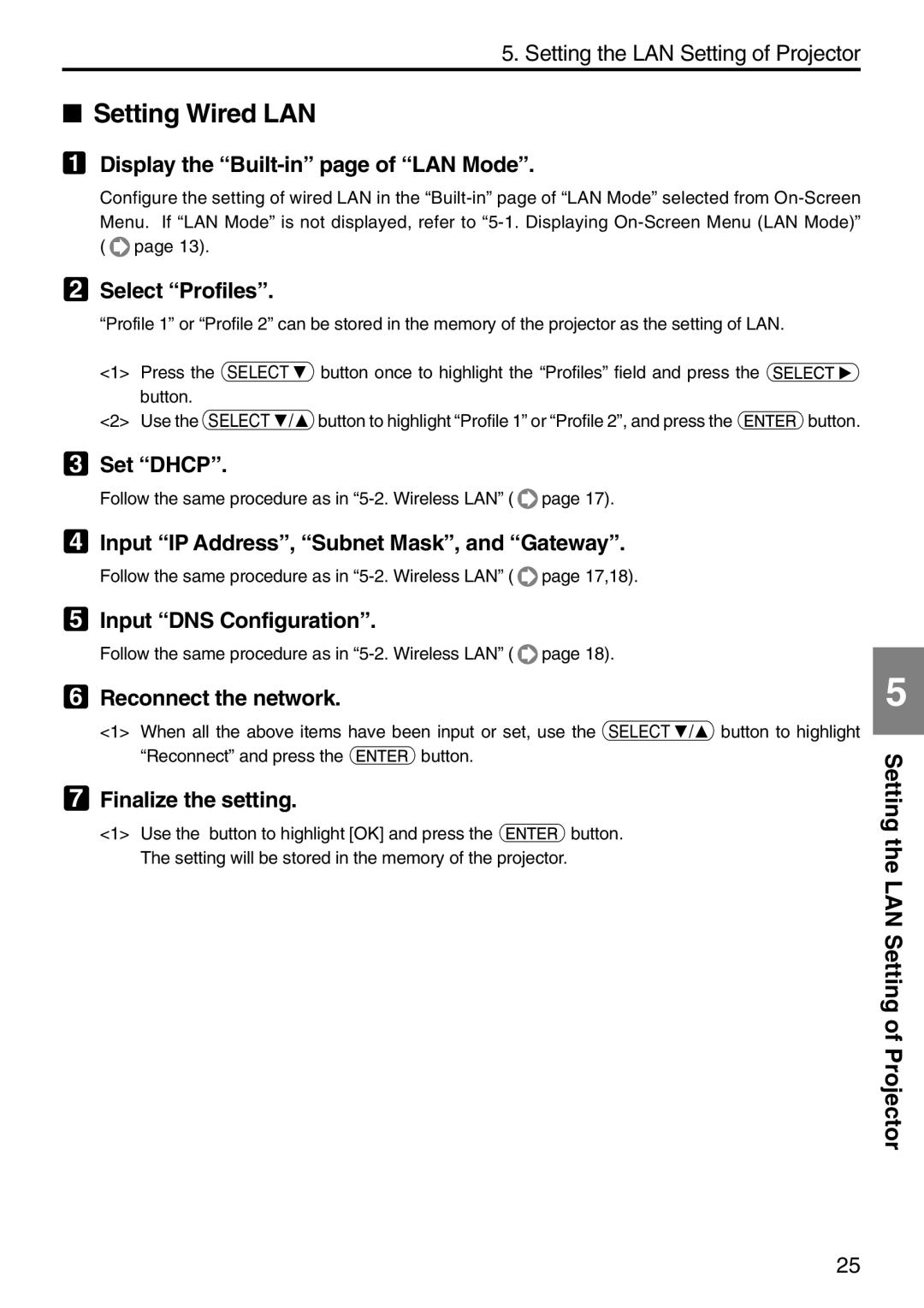 NEC NP2000, NP1000 Setting Wired LAN, Display the Built-in page of LAN Mode, Input IP Address, Subnet Mask, and Gateway 