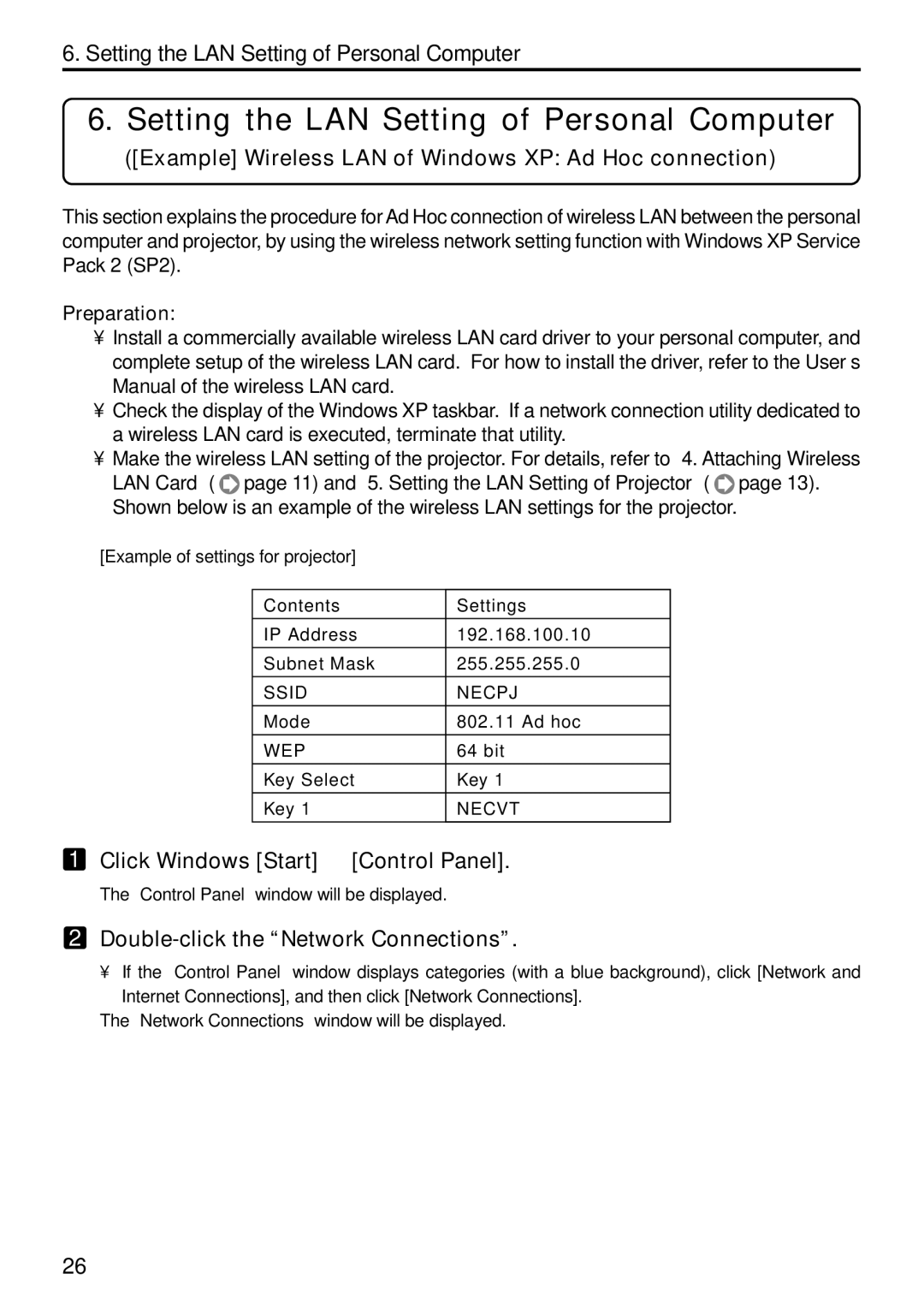 NEC NP1000, NP2000 Setting the LAN Setting of Personal Computer, Example Wireless LAN of Windows XP Ad Hoc connection 