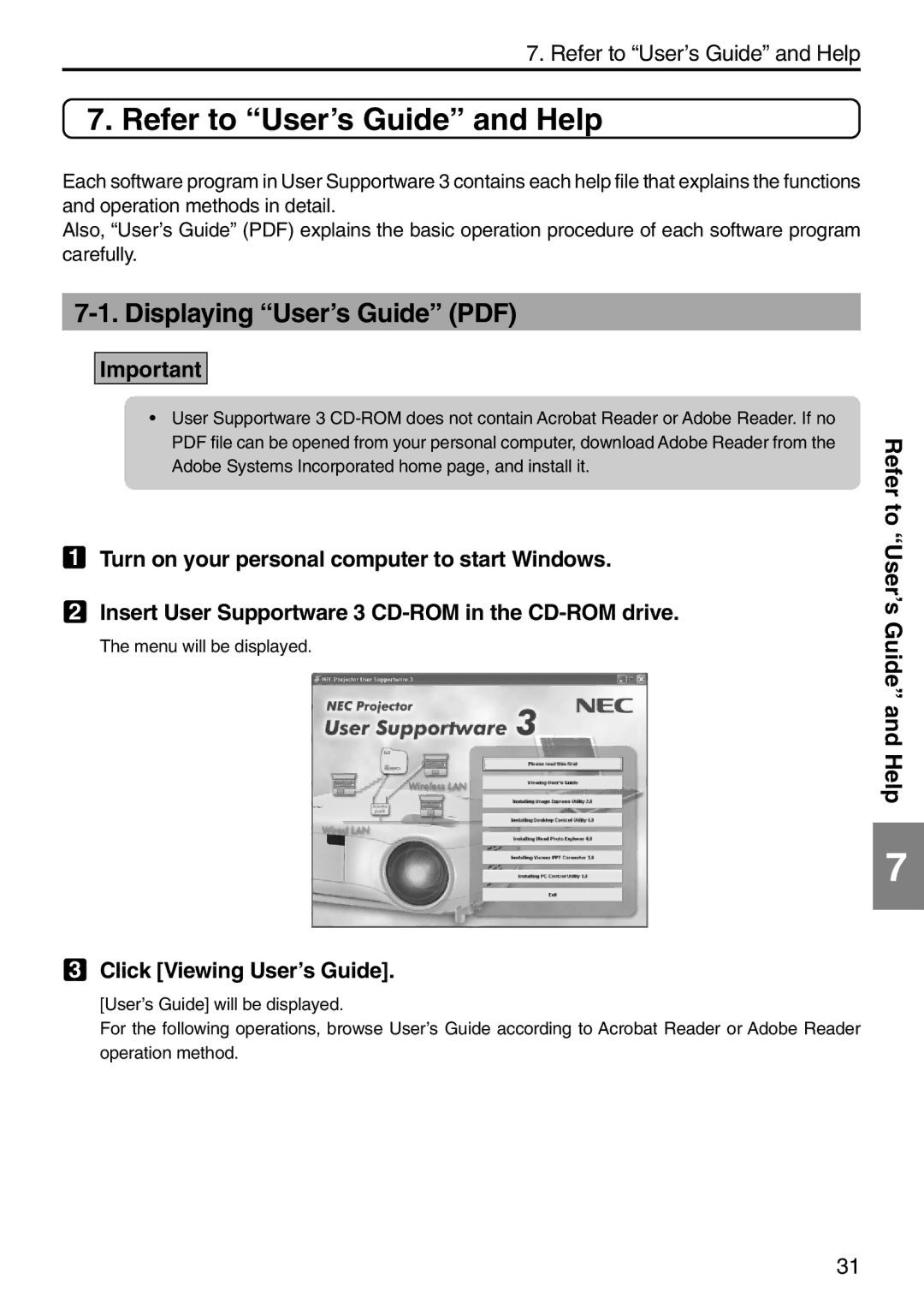 NEC NP2000, NP1000 setup guide Refer to User’s Guide and Help, Click Viewing User’s Guide 