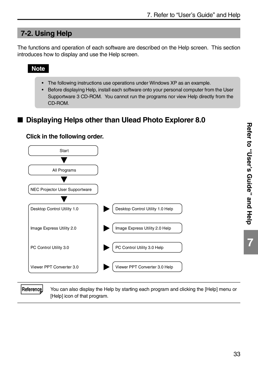 NEC NP2000, NP1000 setup guide Using Help, Displaying Helps other than Ulead Photo Explorer, Click in the following order 