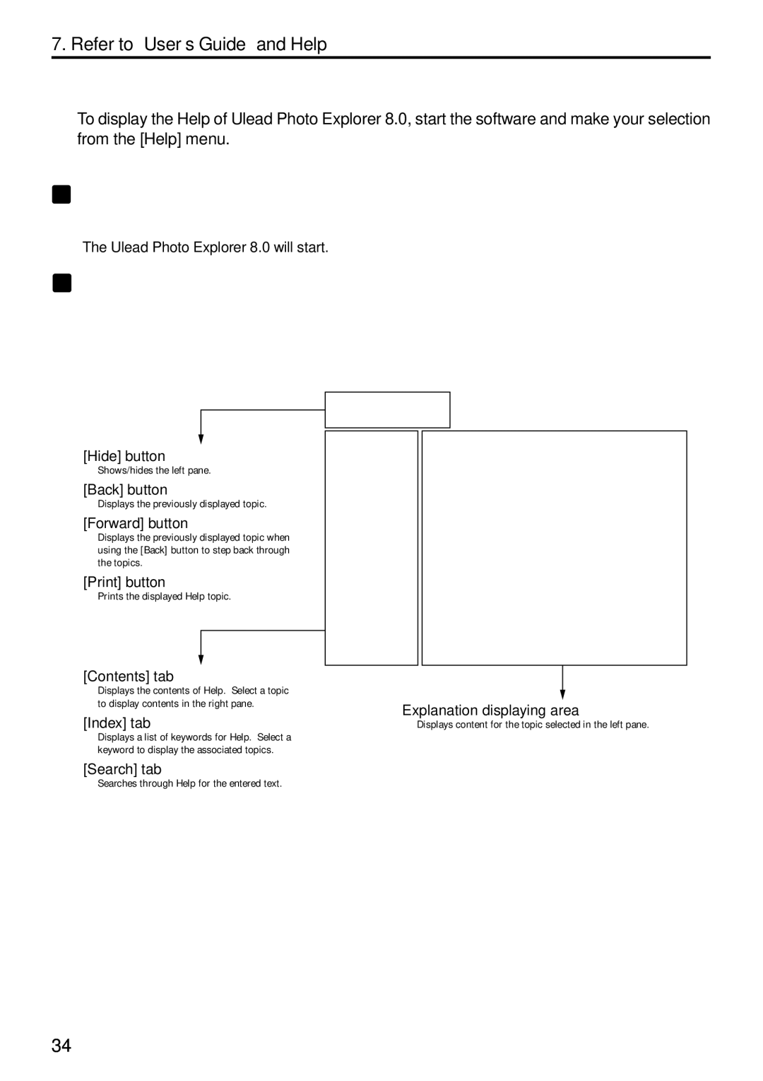 NEC NP1000, NP2000 setup guide Displaying Ulead Photo Explorer 8.0 Help, Help Screen Layout 