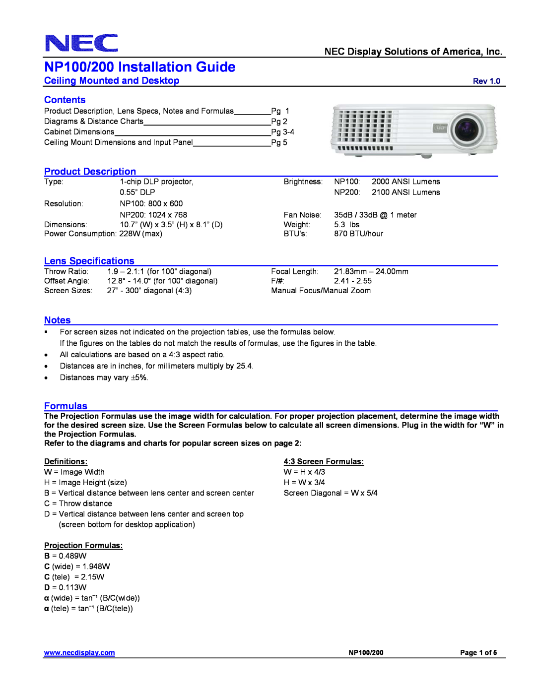 NEC specifications NP100/200 Installation Guide, NEC Display Solutions of America, Inc, Ceiling Mounted and Desktop 