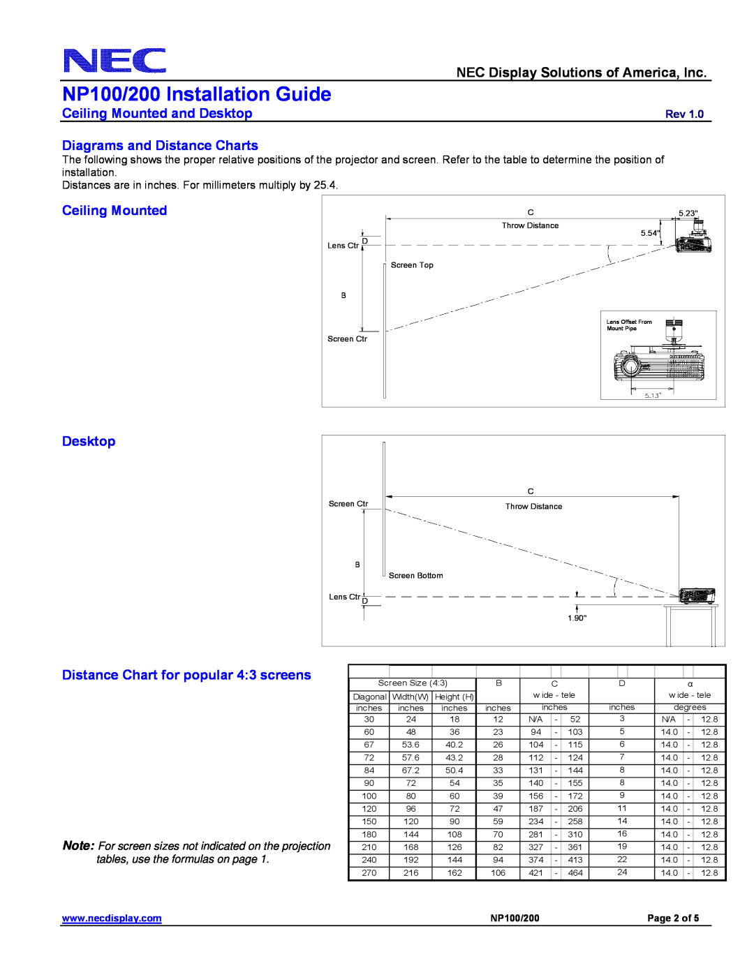 NEC NP100/200 specifications NEC Display Solutions of America, Inc, Diagrams and Distance Charts, Ceiling Mounted, Desktop 