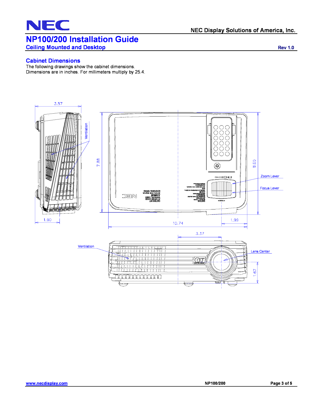 NEC Cabinet Dimensions, NP100/200 Installation Guide, NEC Display Solutions of America, Inc, Page 3 of, Ventilation 