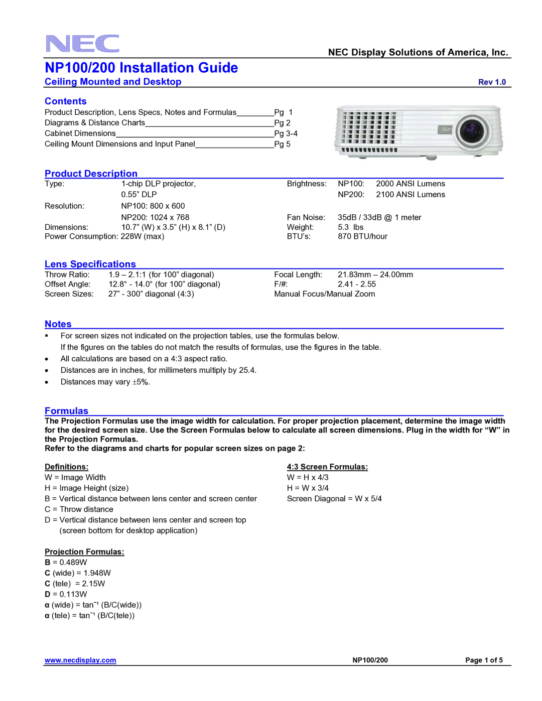 NEC NP100/200 specifications Ceiling Mounted and Desktop, Contents, Product Description, Lens Specifications, Formulas 