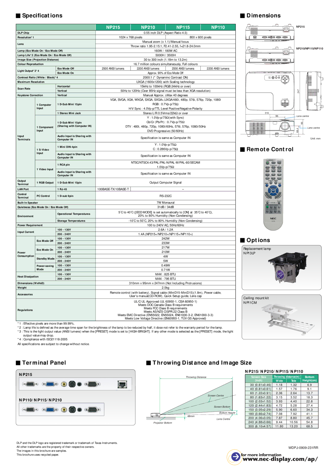 NEC NP210 1024 x 768 pixels 800 x 600 pixels, Throw ratio 1.95-2.151, F2.41-2.55, f=21.8-24.0mm, 0Vp-p/75Ω, 35˚C to 40˚C 