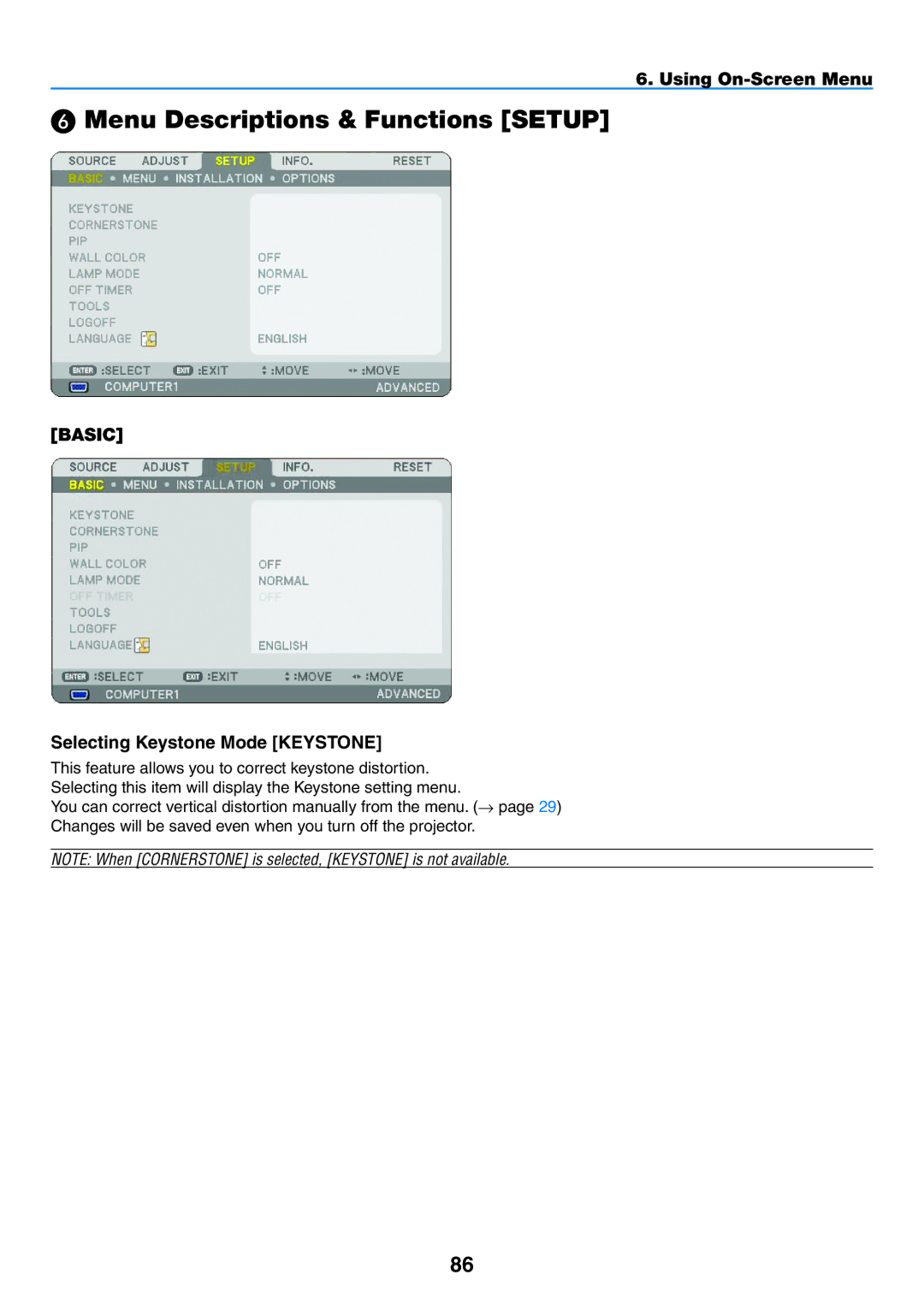 NEC NP1150, NP2150 user manual  Menu Descriptions & Functions Setup, Basic Selecting Keystone Mode Keystone 