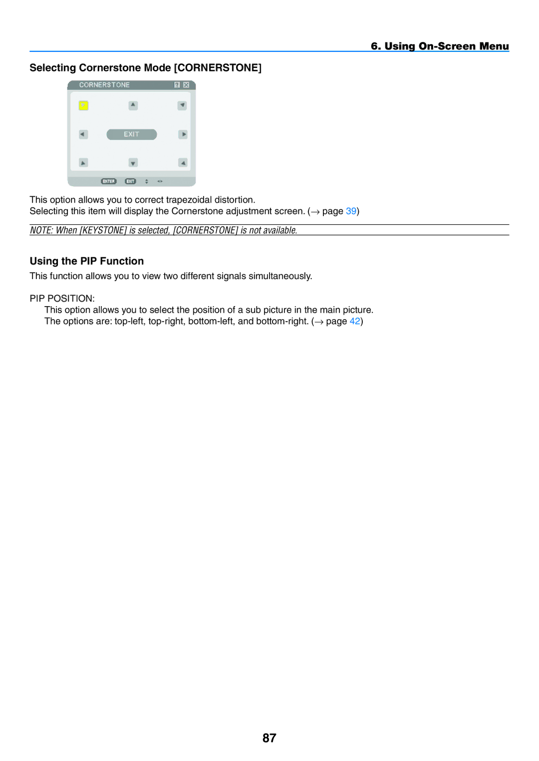 NEC NP2150, NP1150 user manual Using On-Screen Menu Selecting Cornerstone Mode Cornerstone, Using the PIP Function 