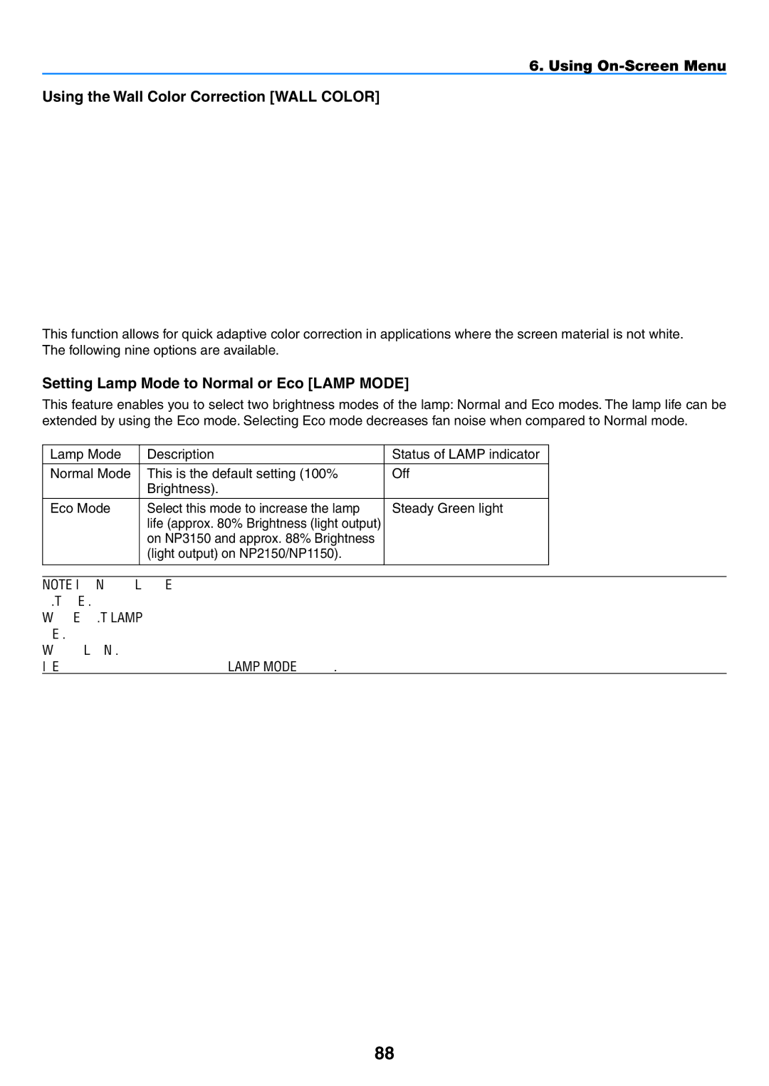 NEC user manual Setting Lamp Mode to Normal or Eco Lamp Mode, Light output on NP2150/NP1150 