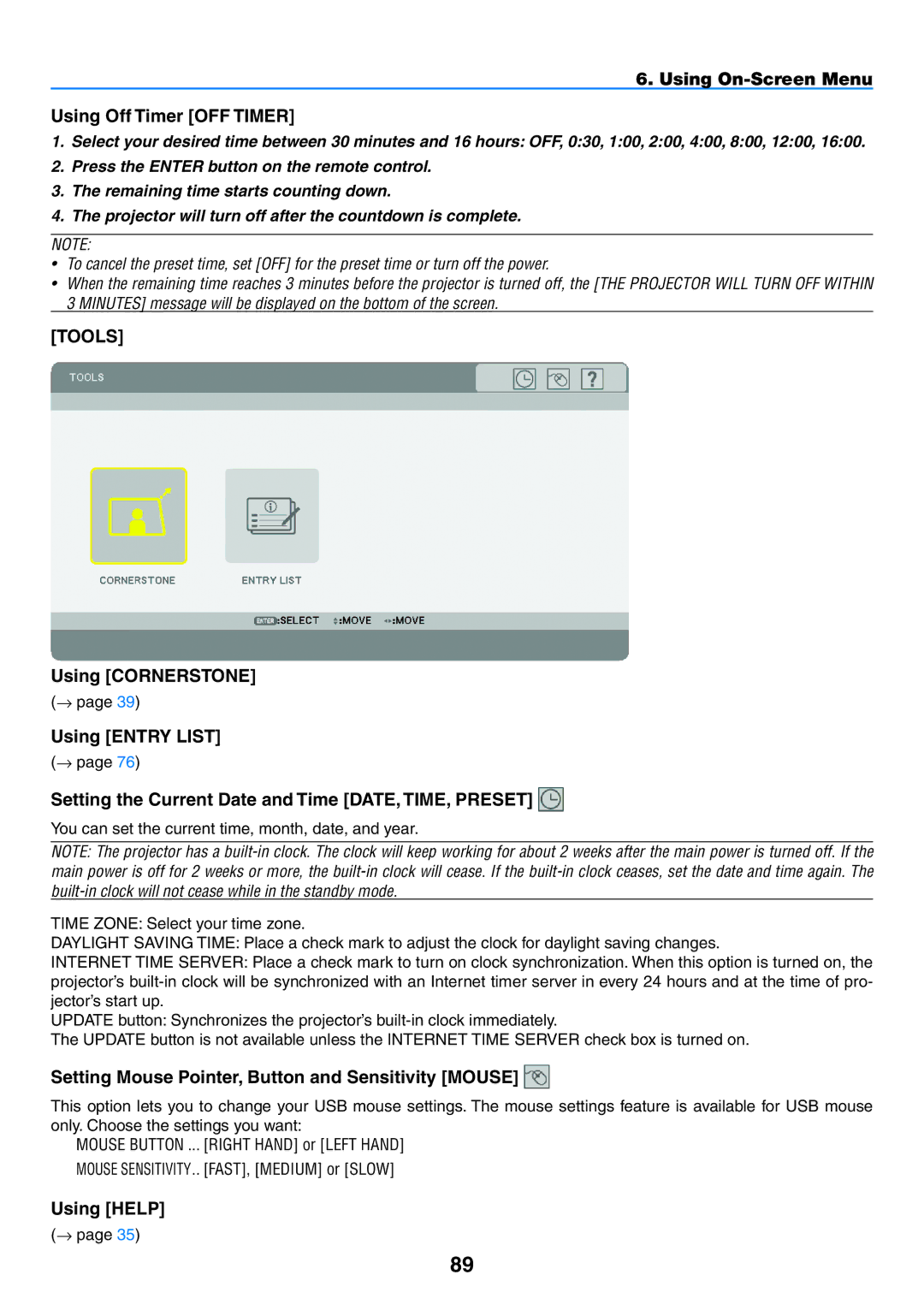 NEC NP2150, NP1150 Using On-Screen Menu Using Off Timer Off Timer, Setting Mouse Pointer, Button and Sensitivity Mouse 