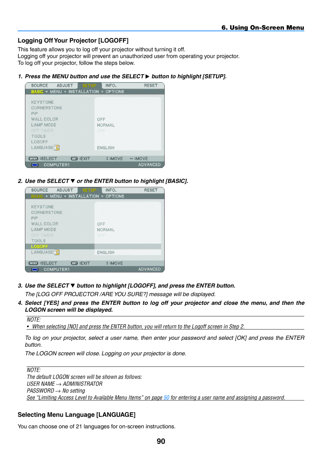NEC NP1150, NP2150 user manual Using On-Screen Menu Logging Off Your Projector Logoff, Selecting Menu Language Language 