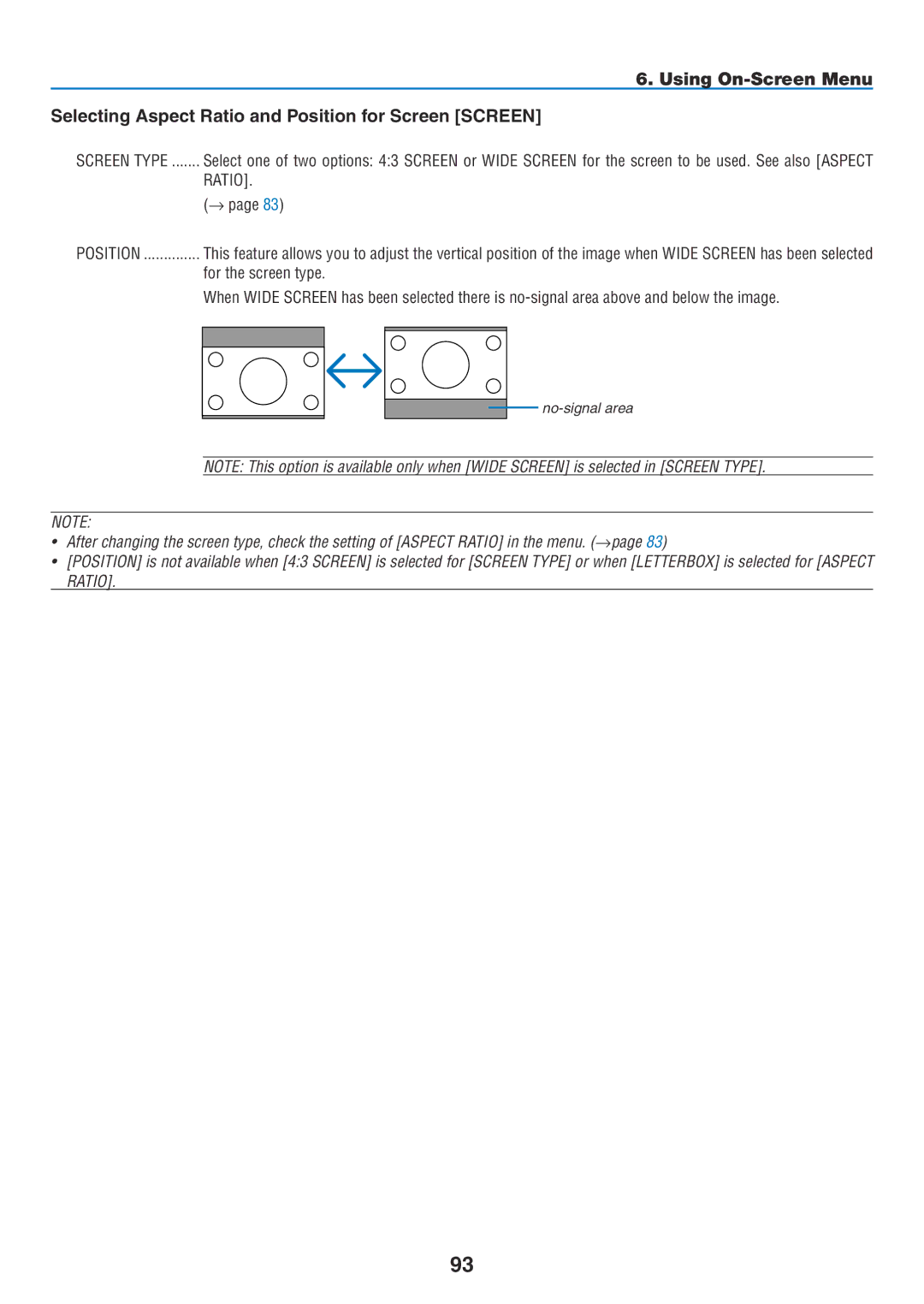 NEC NP2150, NP1150 user manual Selecting Aspect Ratio and Position for Screen Screen, Screen Type, For the screen type 