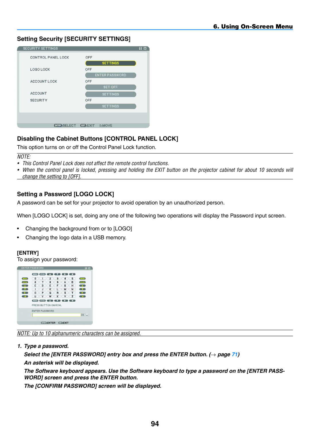 NEC NP1150, NP2150 Setting a Password Logo Lock, This option turns on or off the Control Panel Lock function, Entry 