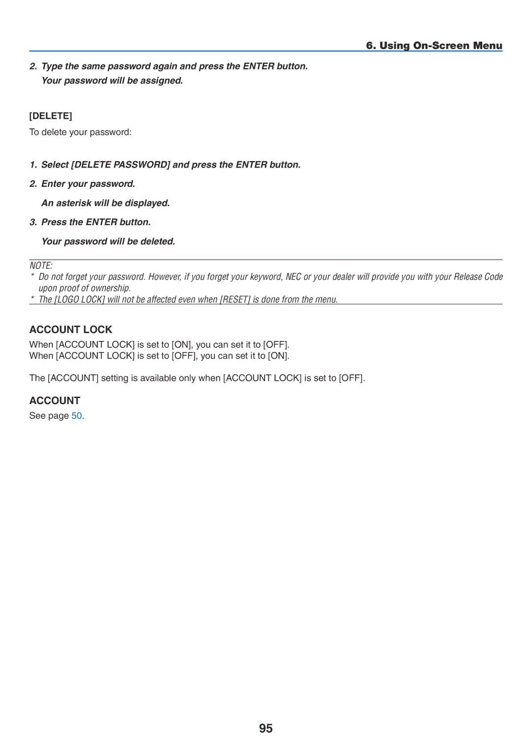 NEC NP2150, NP1150 user manual To delete your password, See 