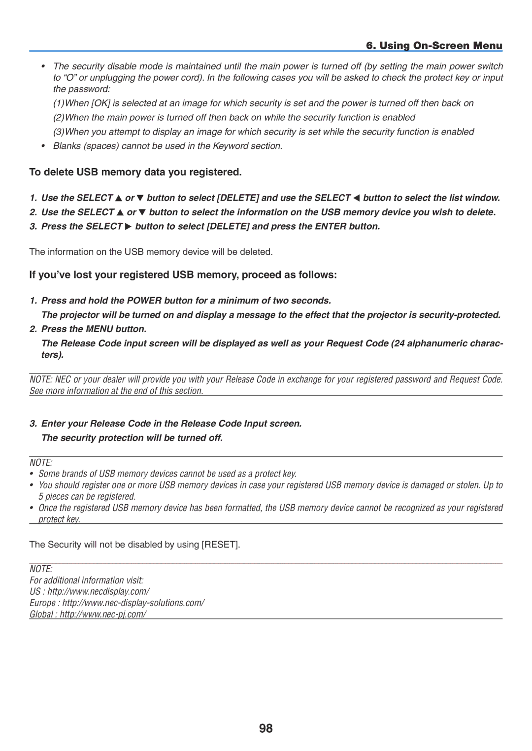 NEC NP1150, NP2150 To delete USB memory data you registered, Information on the USB memory device will be deleted 