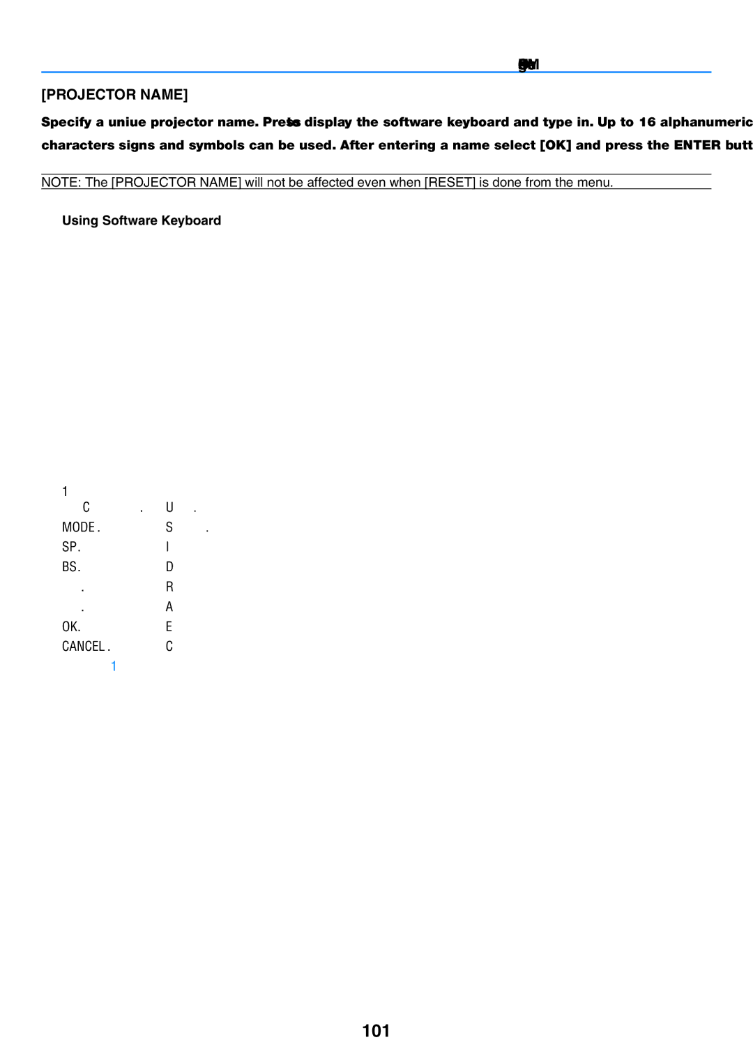 NEC NP2150, NP1150 user manual 101, Using On-Screen Menu Projector Name, Using Software Keyboard 