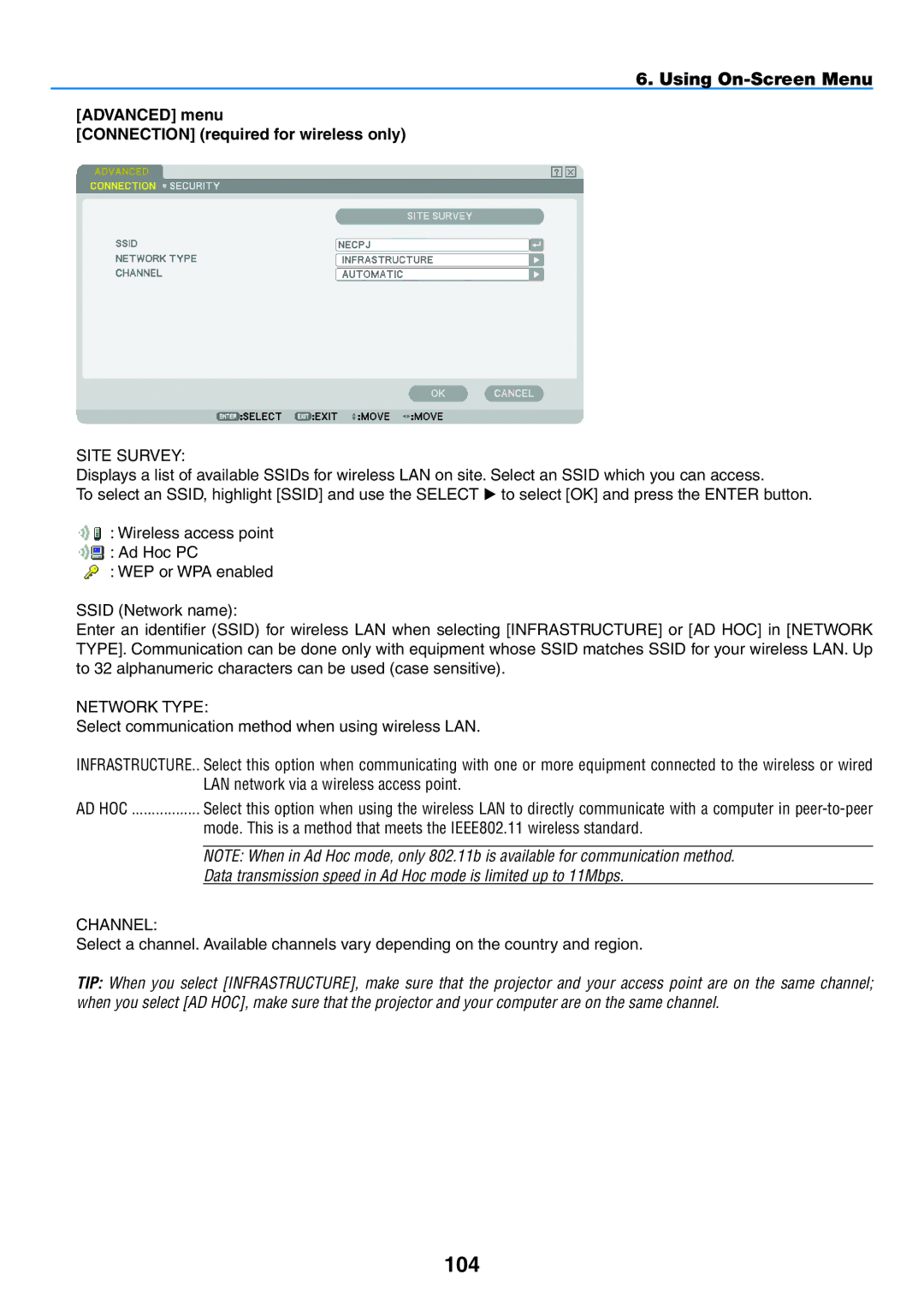 NEC NP1150, NP2150 user manual 104, Advanced menu Connection required for wireless only 