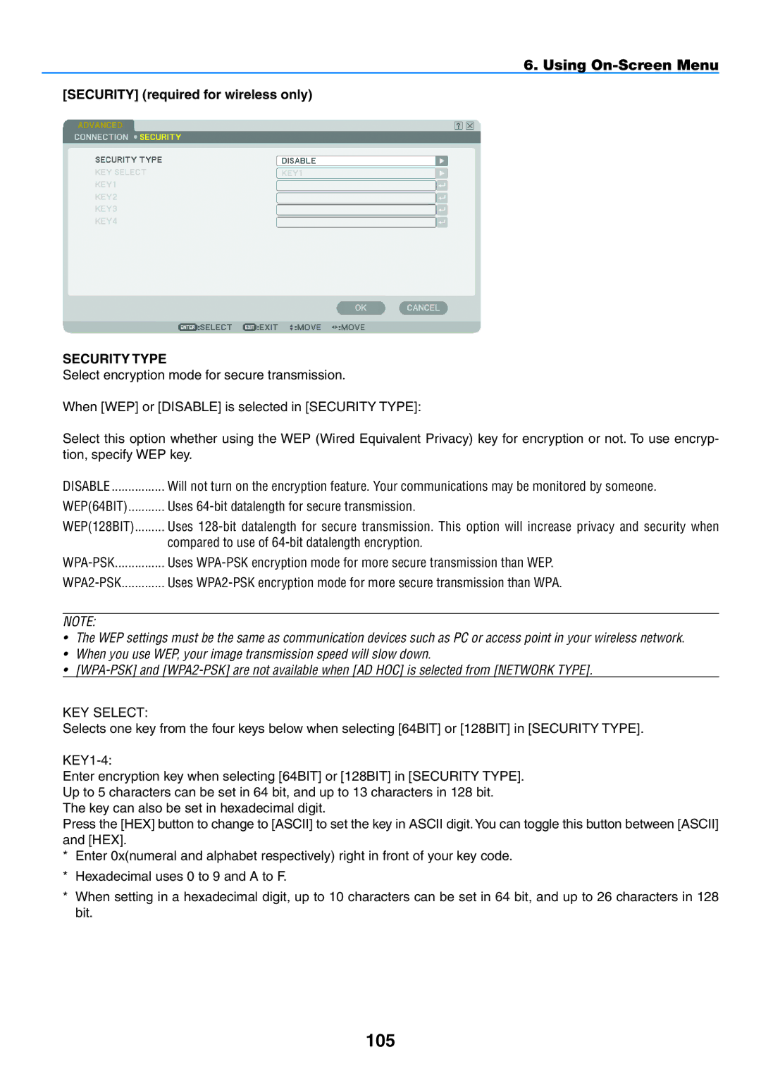 NEC NP2150, NP1150 user manual 105, Security required for wireless only, Uses 64-bit datalength for secure transmission 