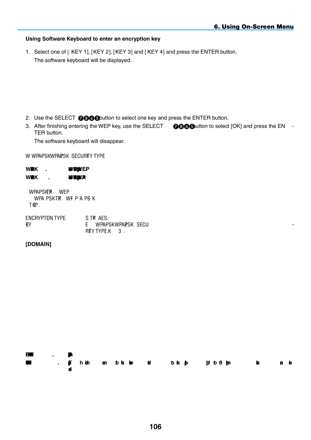 NEC NP1150, NP2150 user manual 106, Using Software Keyboard to enter an encryption key, Domain 