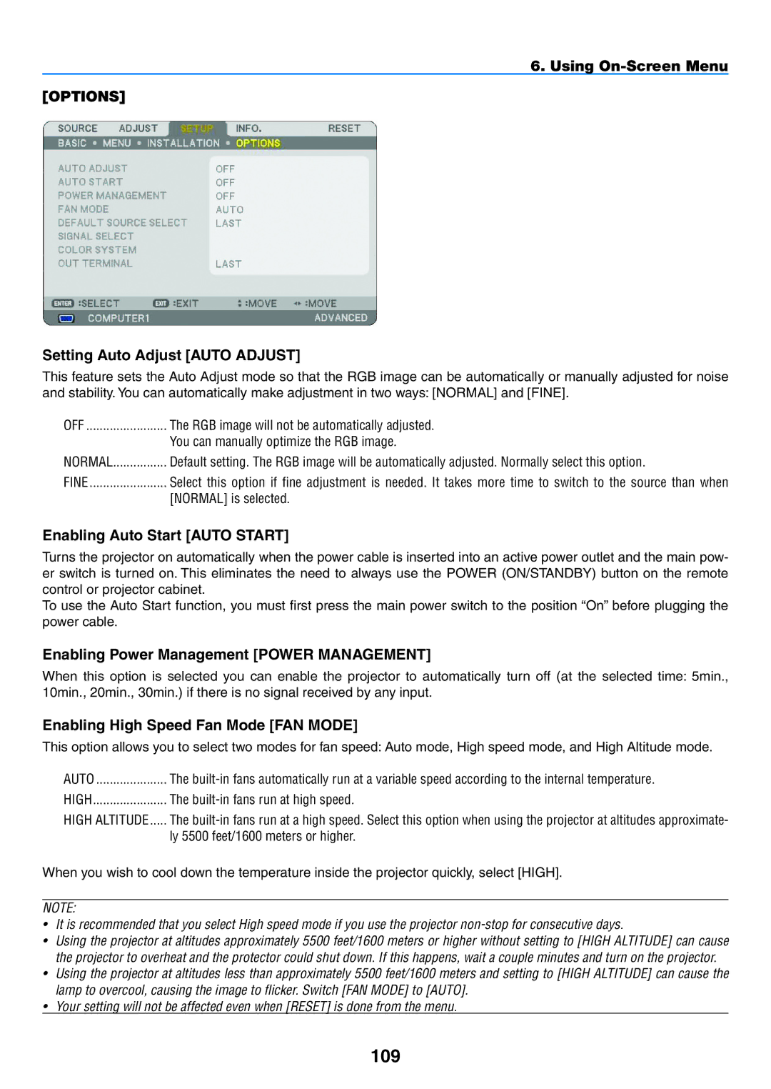 NEC NP2150, NP1150 user manual 109, Enabling Auto Start Auto Start, Enabling Power Management Power Management 