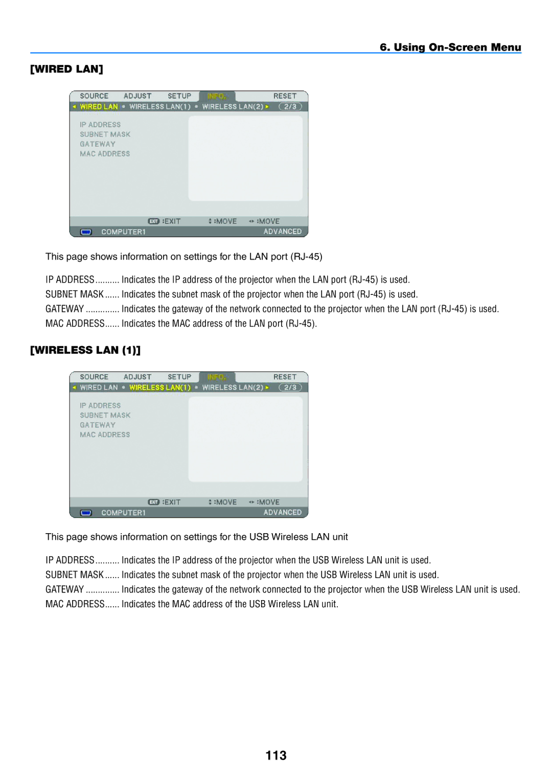 NEC NP2150 113, Indicates the MAC address of the LAN port RJ-45, Indicates the MAC address of the USB Wireless LAN unit 