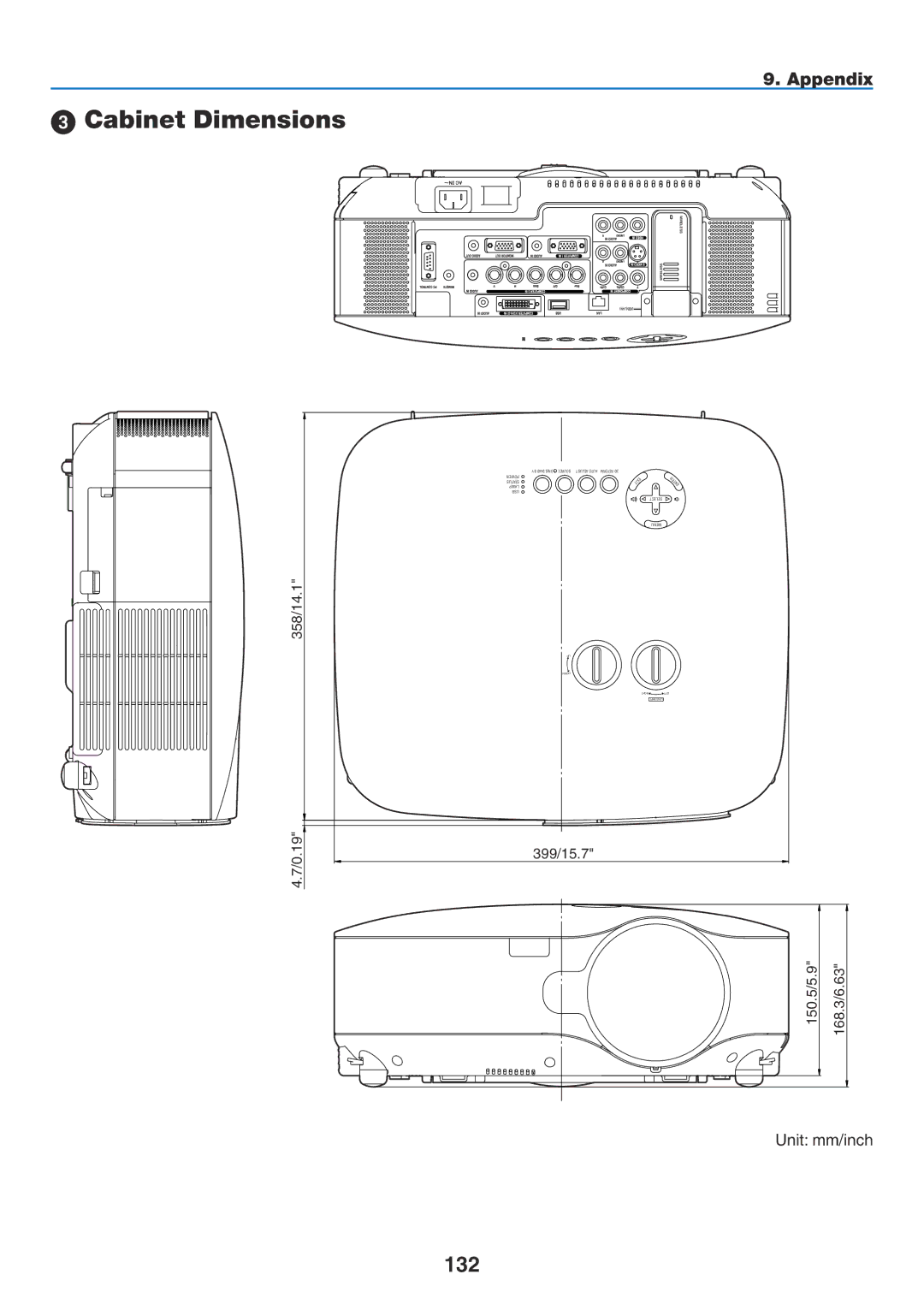 NEC NP1150, NP2150 user manual  Cabinet Dimensions, 132, Unit mm/inch 