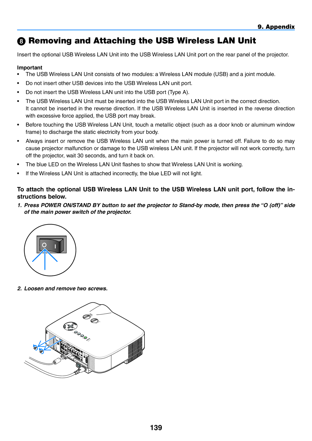 NEC NP2150, NP1150 user manual Removing and Attaching the USB Wireless LAN Unit, 139 