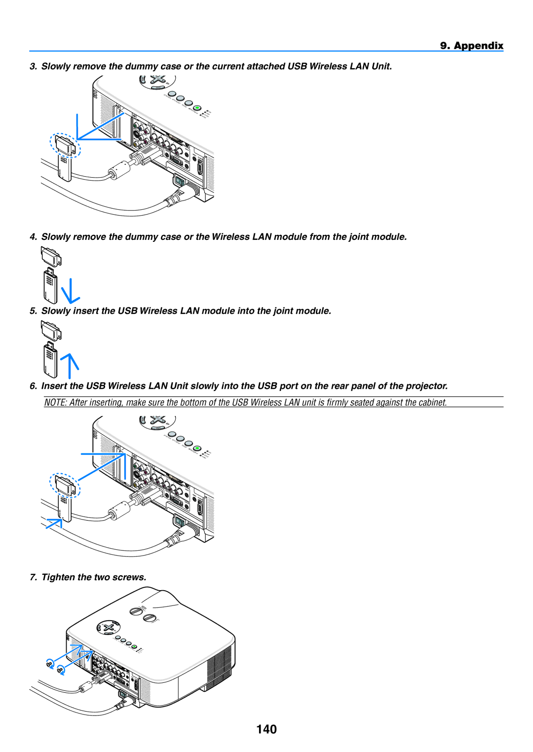 NEC NP1150, NP2150 user manual 140, Tighten the two screws 