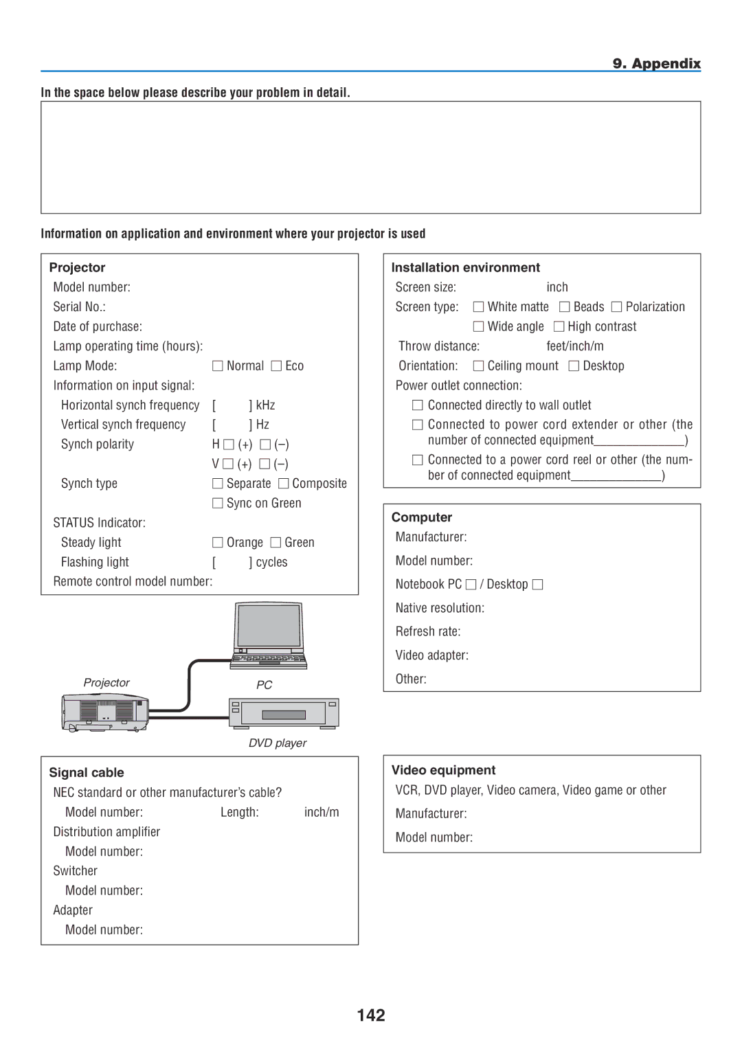 NEC NP1150, NP2150 user manual 142, Signal cable, Installation environment, Computer, Video equipment 