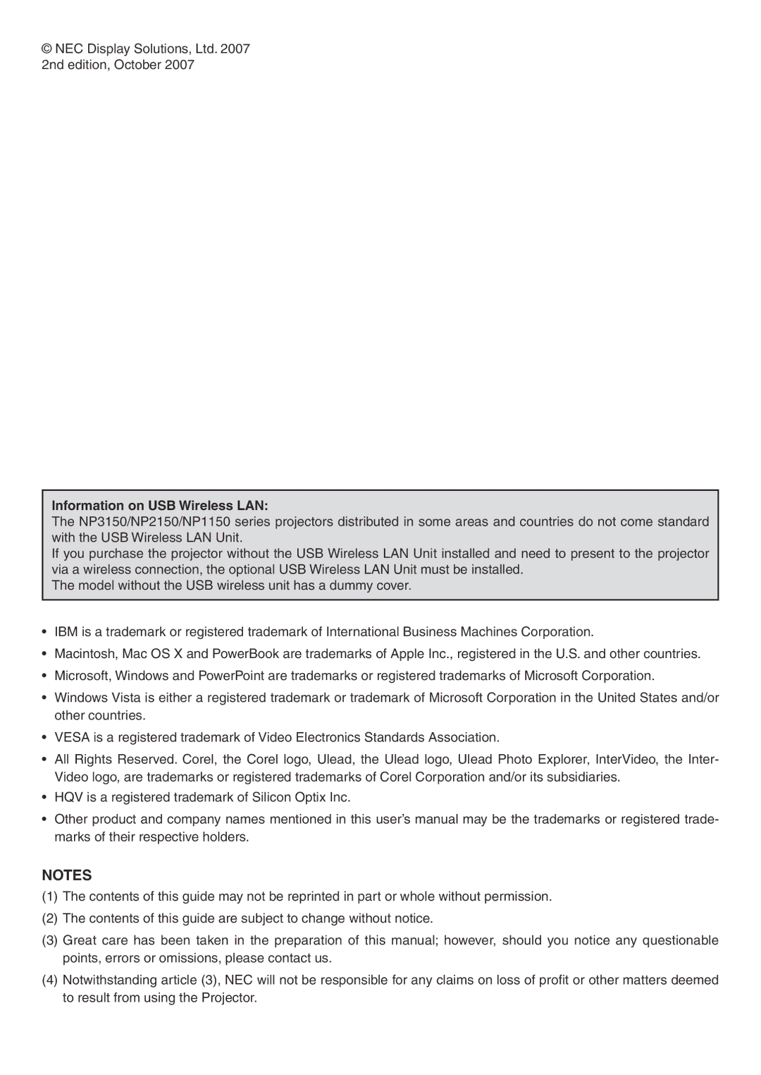 NEC NP1150, NP2150 user manual Information on USB Wireless LAN 