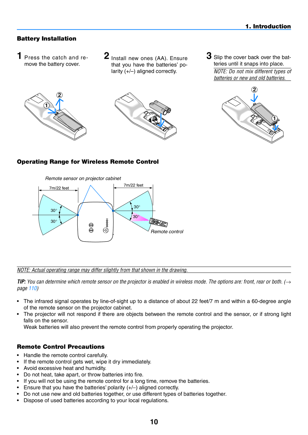 NEC NP1150, NP2150 user manual Introduction Battery Installation, Operating Range for Wireless Remote Control 