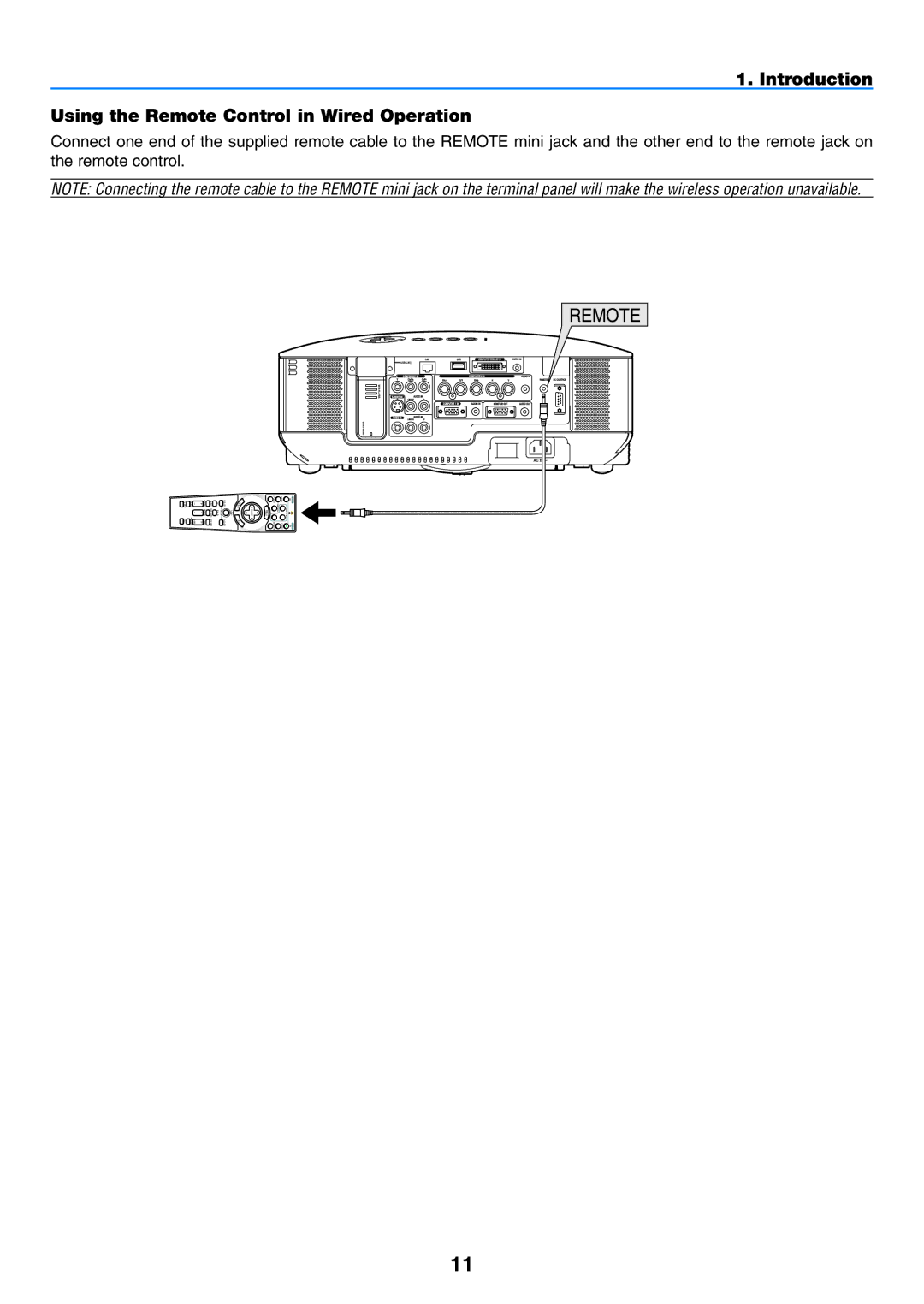 NEC NP2150, NP1150 user manual Introduction Using the Remote Control in Wired Operation 