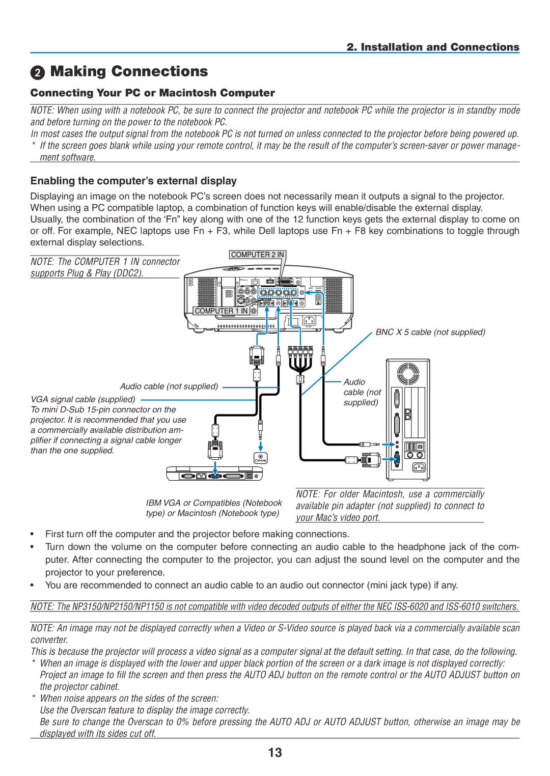 NEC NP2150, NP1150 user manual  Making Connections, Installation and Connections, Connecting Your PC or Macintosh Computer 