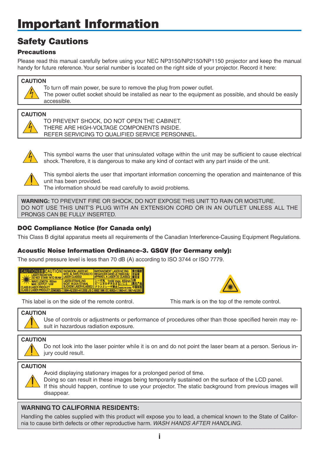 NEC NP2150, NP1150 user manual Safety Cautions, Precautions, DOC Compliance Notice for Canada only 