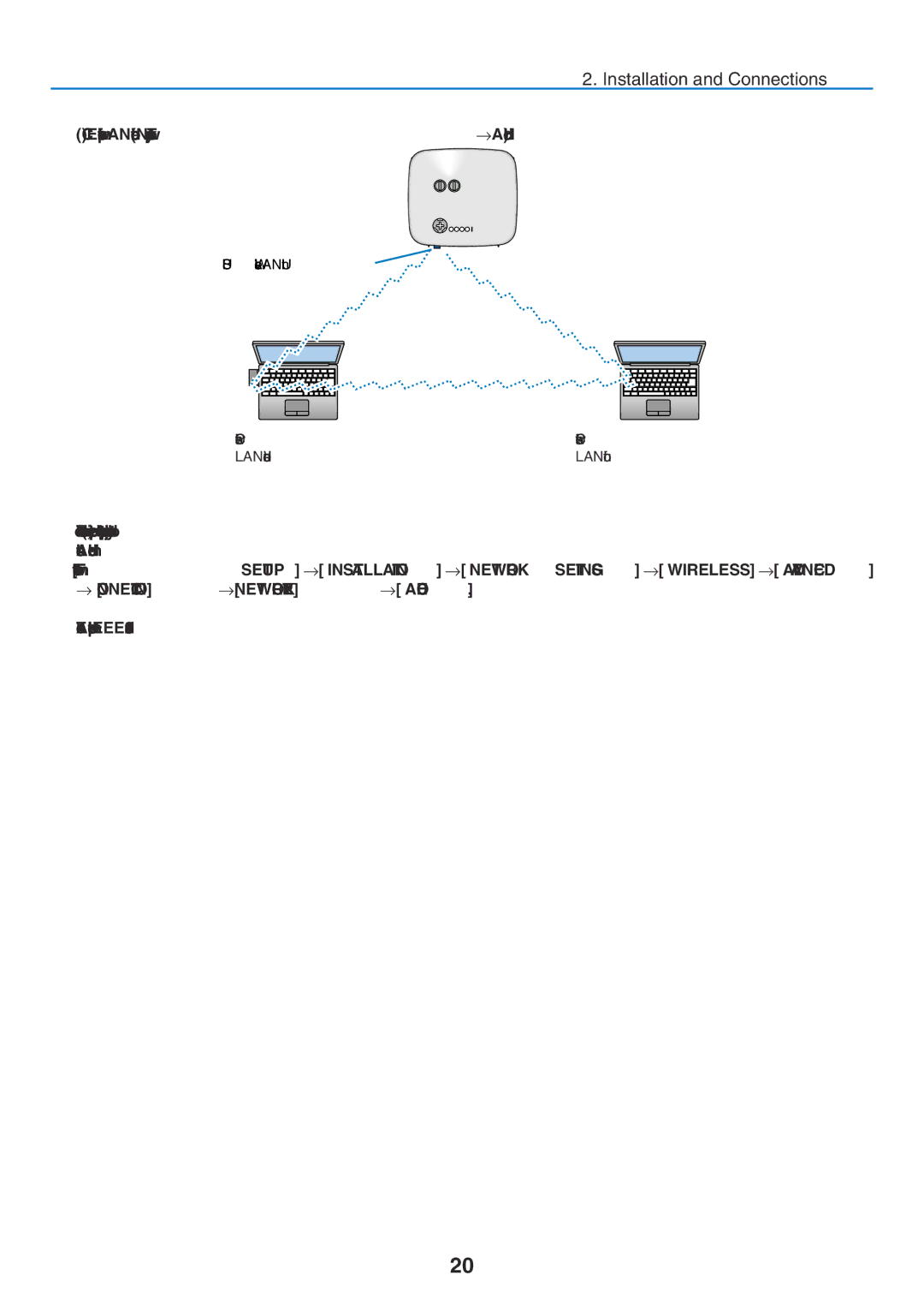 NEC NP1150, NP2150 user manual Installation and Connections, Example of wireless LAN connection Network Type → Ad Hoc 