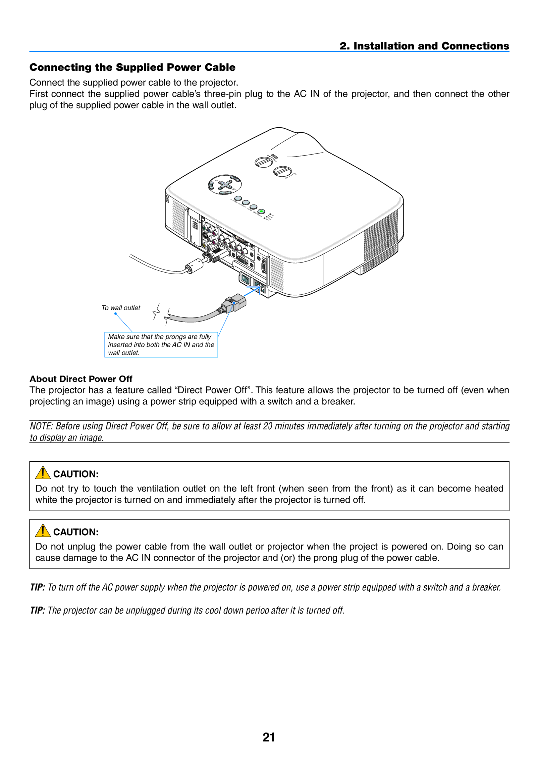 NEC NP2150, NP1150 user manual About Direct Power Off 