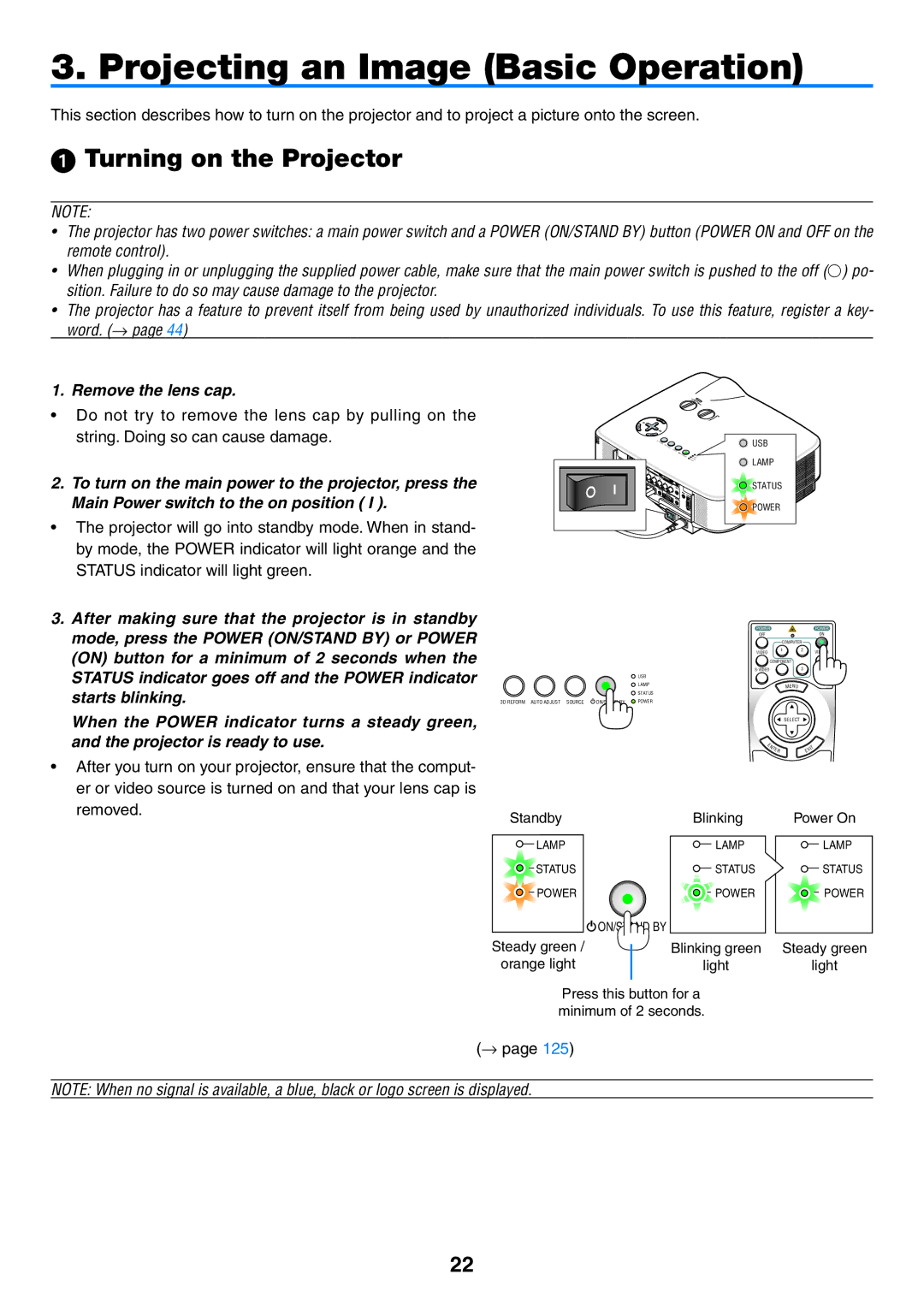 NEC NP1150, NP2150 user manual  Turning on the Projector, Remove the lens cap 