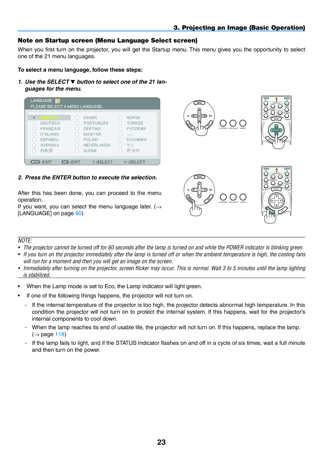 NEC NP2150, NP1150 user manual Projecting an Image Basic Operation, To select a menu language, follow these steps 