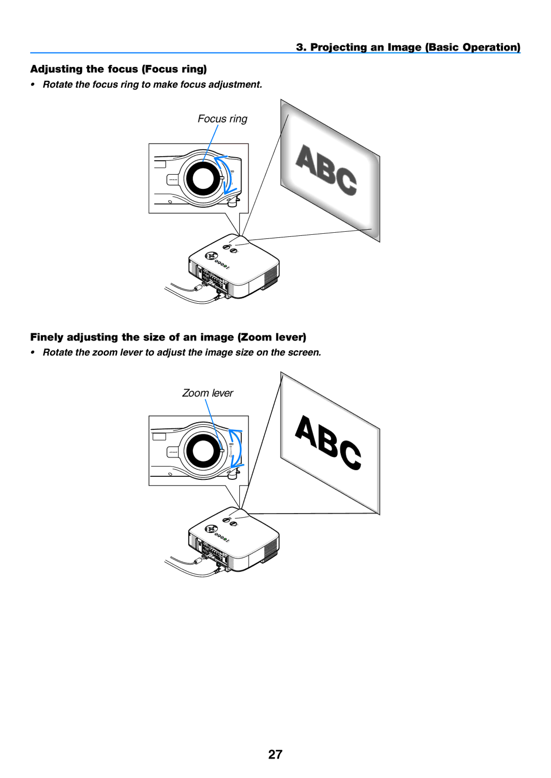 NEC NP2150, NP1150 Finely adjusting the size of an image Zoom lever, Rotate the focus ring to make focus adjustment 