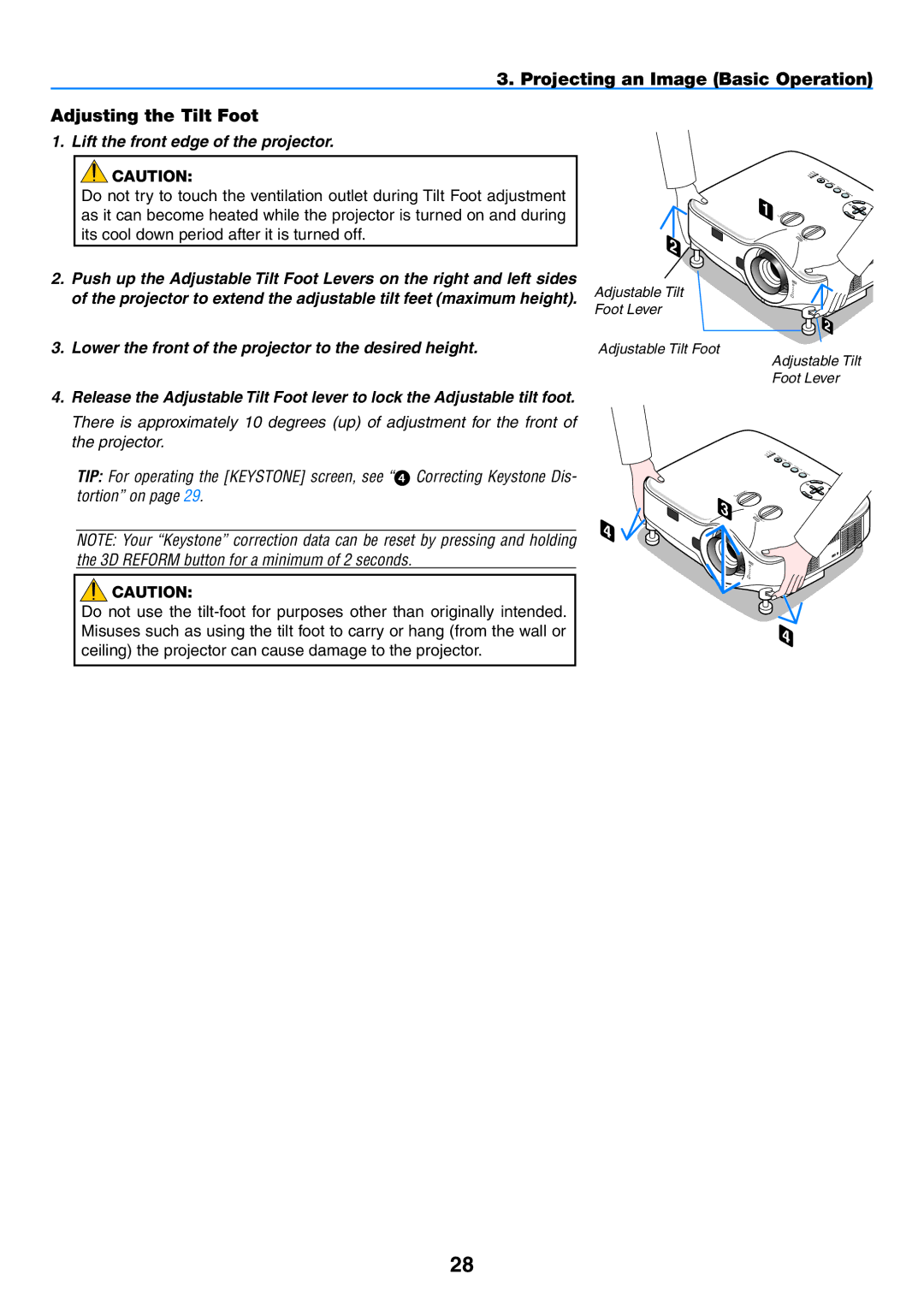 NEC NP1150, NP2150 Projecting an Image Basic Operation Adjusting the Tilt Foot, Lift the front edge of the projector 