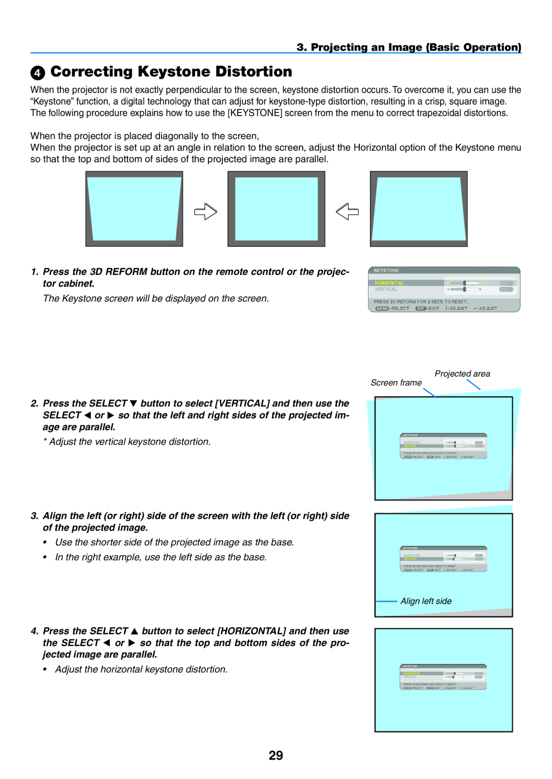 NEC NP2150, NP1150 user manual  Correcting Keystone Distortion, Projecting an Image Basic Operation 